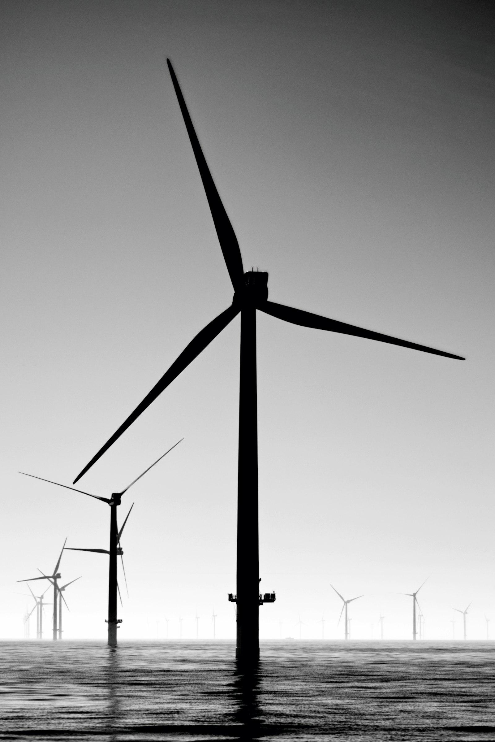 Offshore wind turbines silhouetted across the North Sea